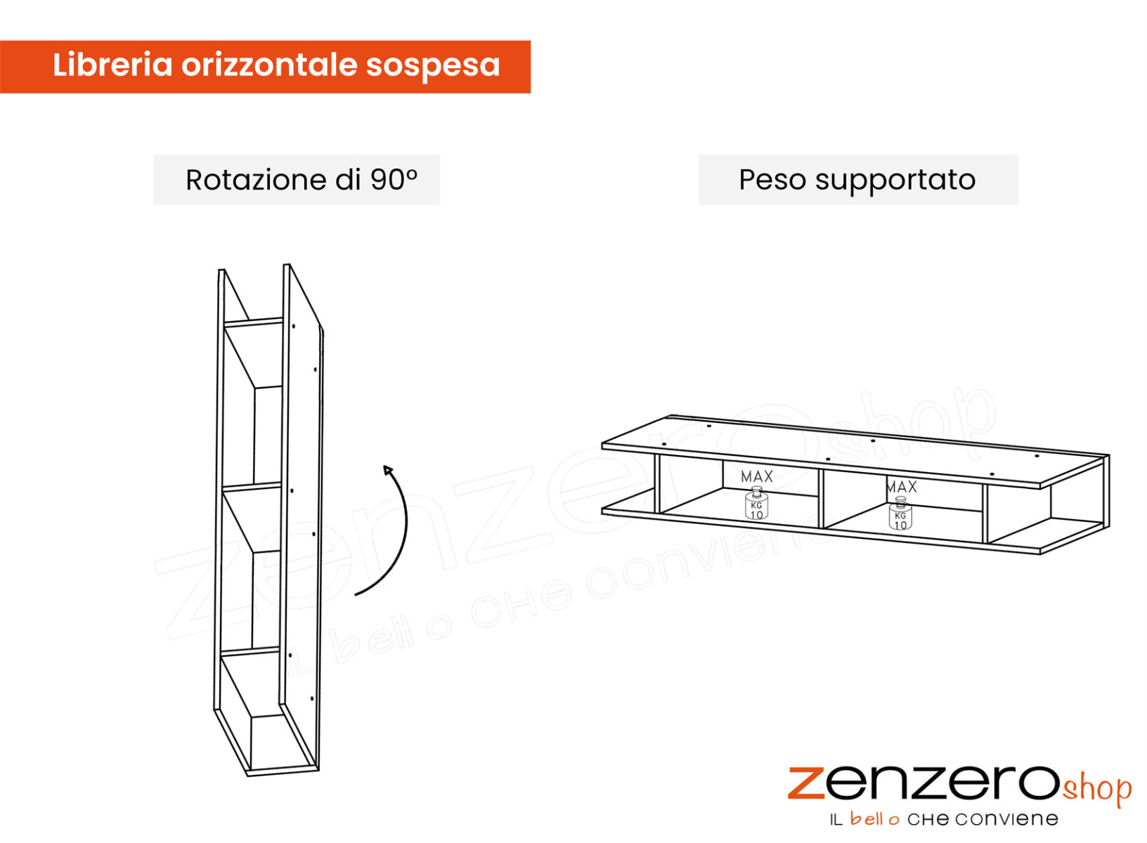 Libreria orizzontale sospesa, disponibile in diverse finiture