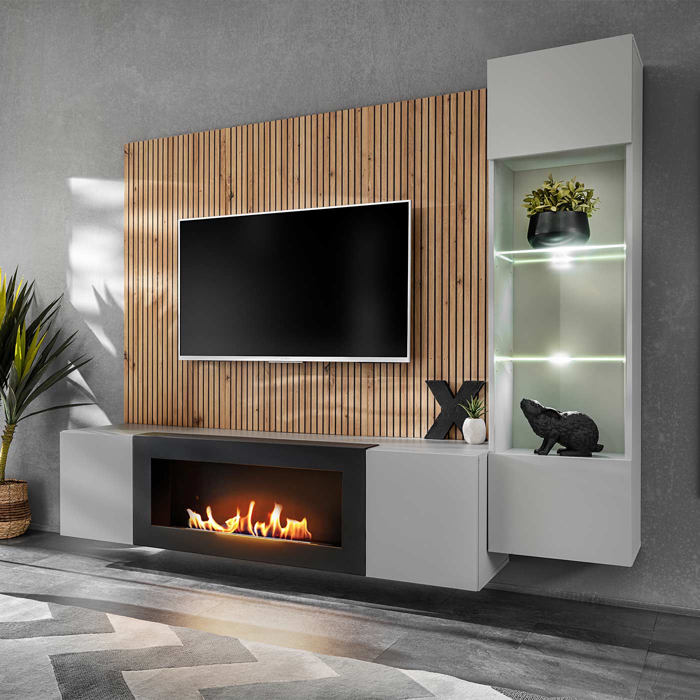 parete attrezzata grigio perla e artisan oak