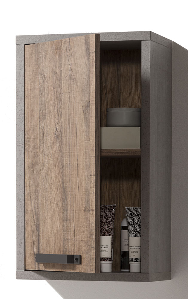 Pensile sospeso con 1 anta in finitura Cemento e Rovere invecchiato