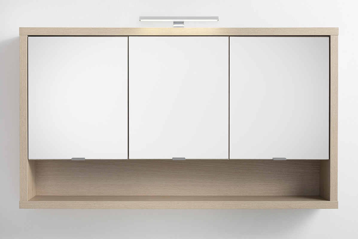 Mobile del bagno,Pensile specchio con 3 ante in finitura Rovere