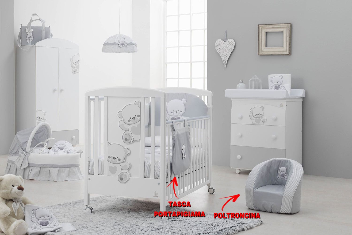 Culla Mr.Bear bianca e grigia con ruote, decori con orsetti