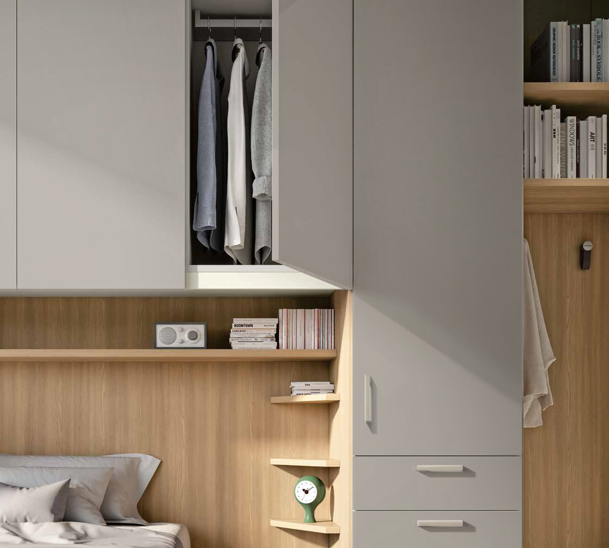 Ponte con libreria e boiserie, Grigio seta e Noce biondo