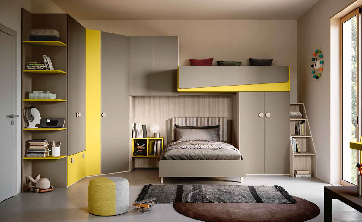 Cameretta a soppalco con armadio angolare, finitura Giallo cedro, Olmo natura, Visone