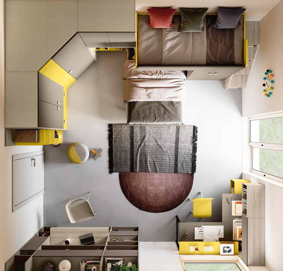 Cameretta a soppalco con armadio angolare, finitura Giallo cedro, Olmo natura, Visone