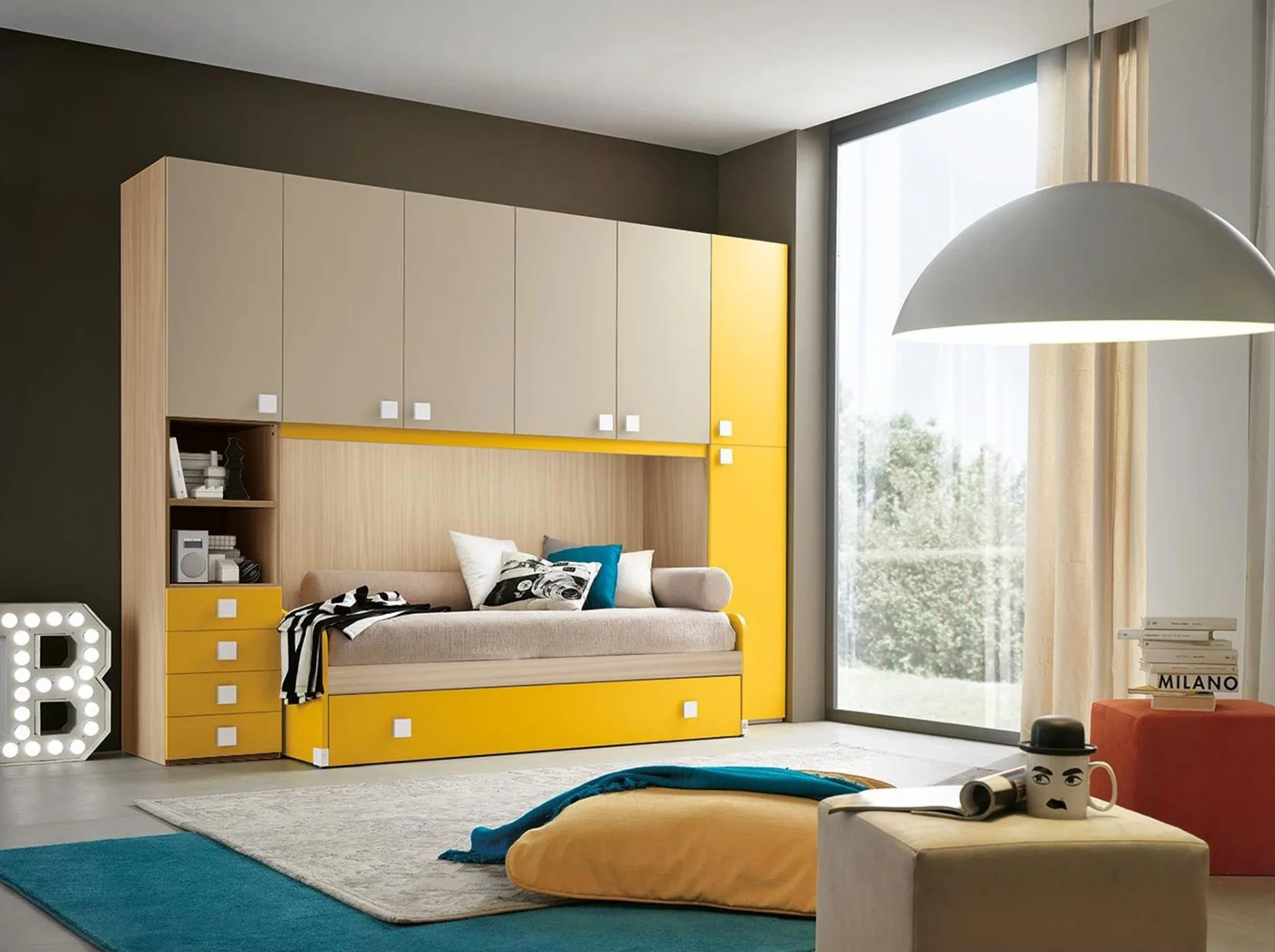 Ponte con divano letto con cassetto, finitura Girasole, Tortora e Rovere ambra