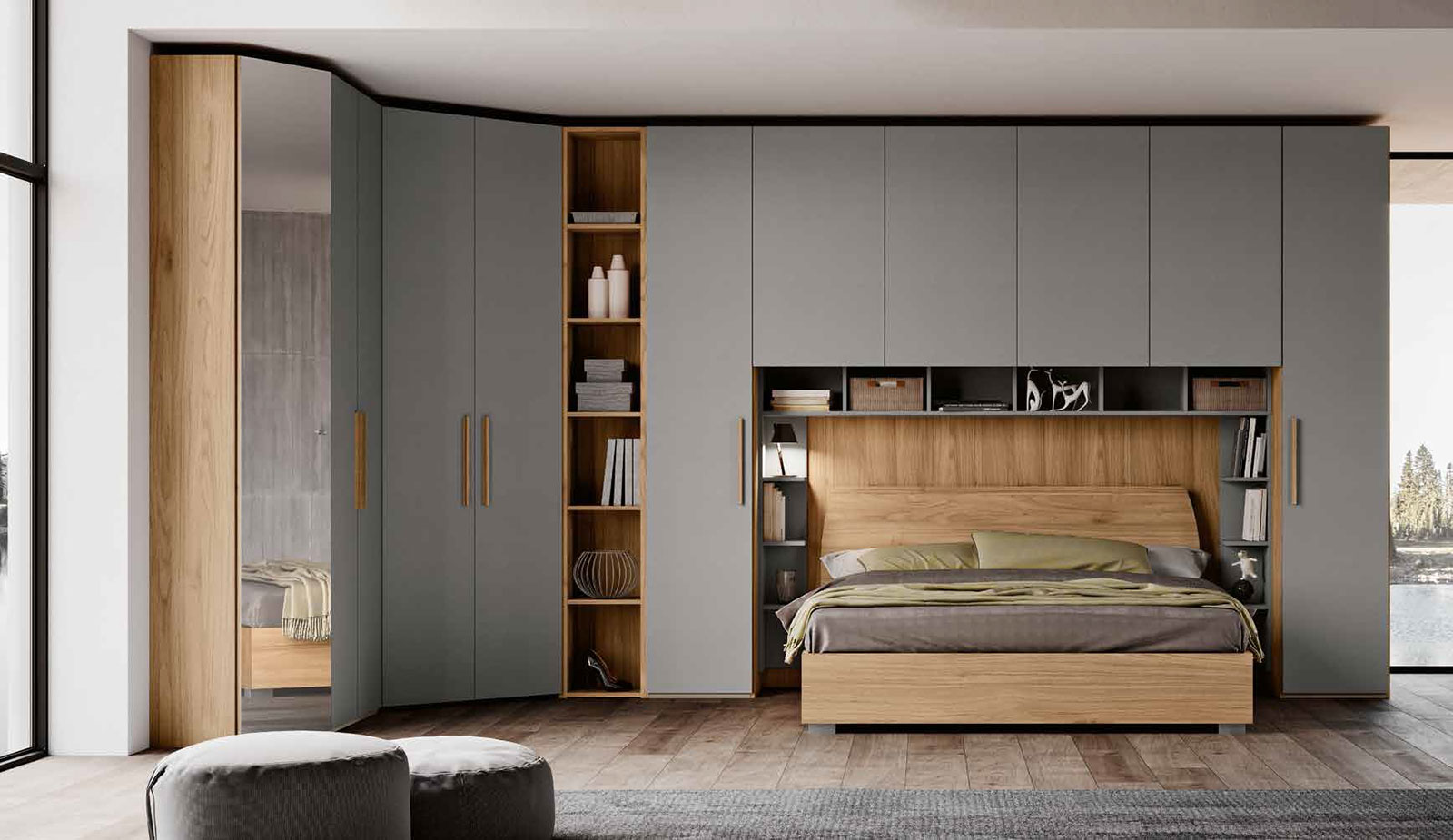 Armadio a ponte con libreria e cabina, finitura Noce biondo e Metallo argento