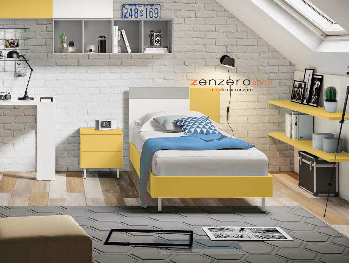 Letto singolo POP 01, finitura Giallo cedro, Bianco Opaco e Grigio Seta