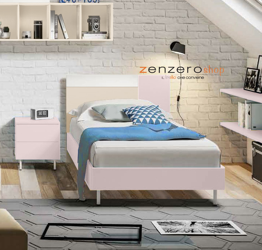 Letto una piazza e mezza POP 01, finitura Rosa confetto, Bianco Opaco e Orzo
