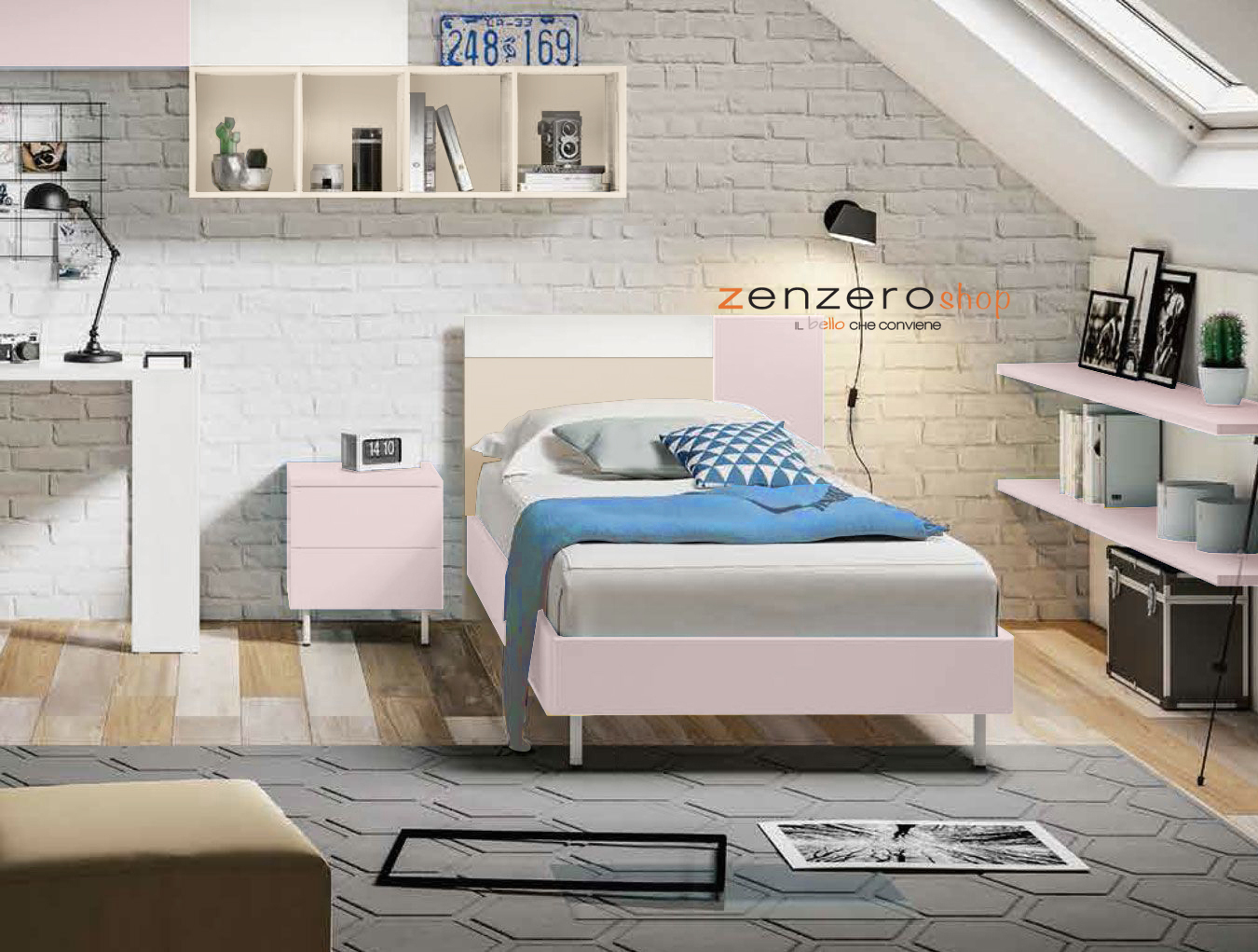 Letto una piazza e mezza POP 01, finitura Rosa confetto, Bianco Opaco e Orzo