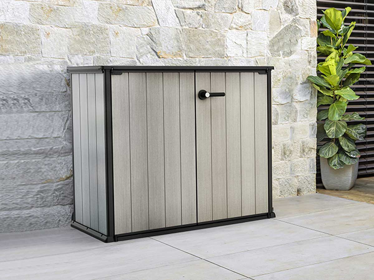 Baule da esterno Quercia, porta attrezzi per giardino, capacità 1000L