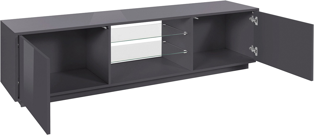 Porta tv di design in finitura laccato antracite con due ante e due mensole in vetro