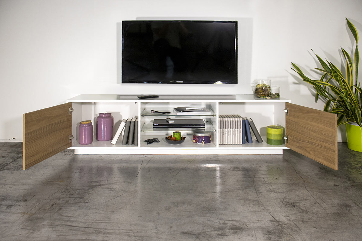 Moderno porta tv con due ante in noce caracalla e bianco lucido