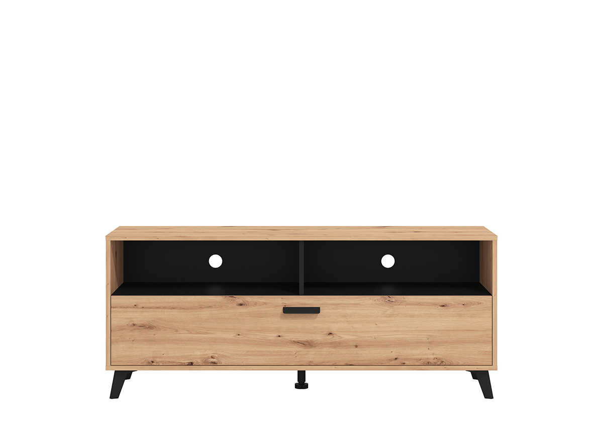 Mobile tv 140 cm con ribalta e due vani a giorno, finitura Rovere e Nero opaco