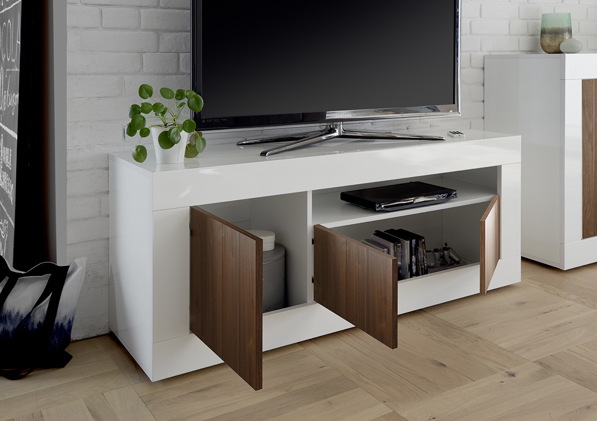 Porta TV a 3 ante, moderno e di design, finitura Bianco Lucido e Noce Dark