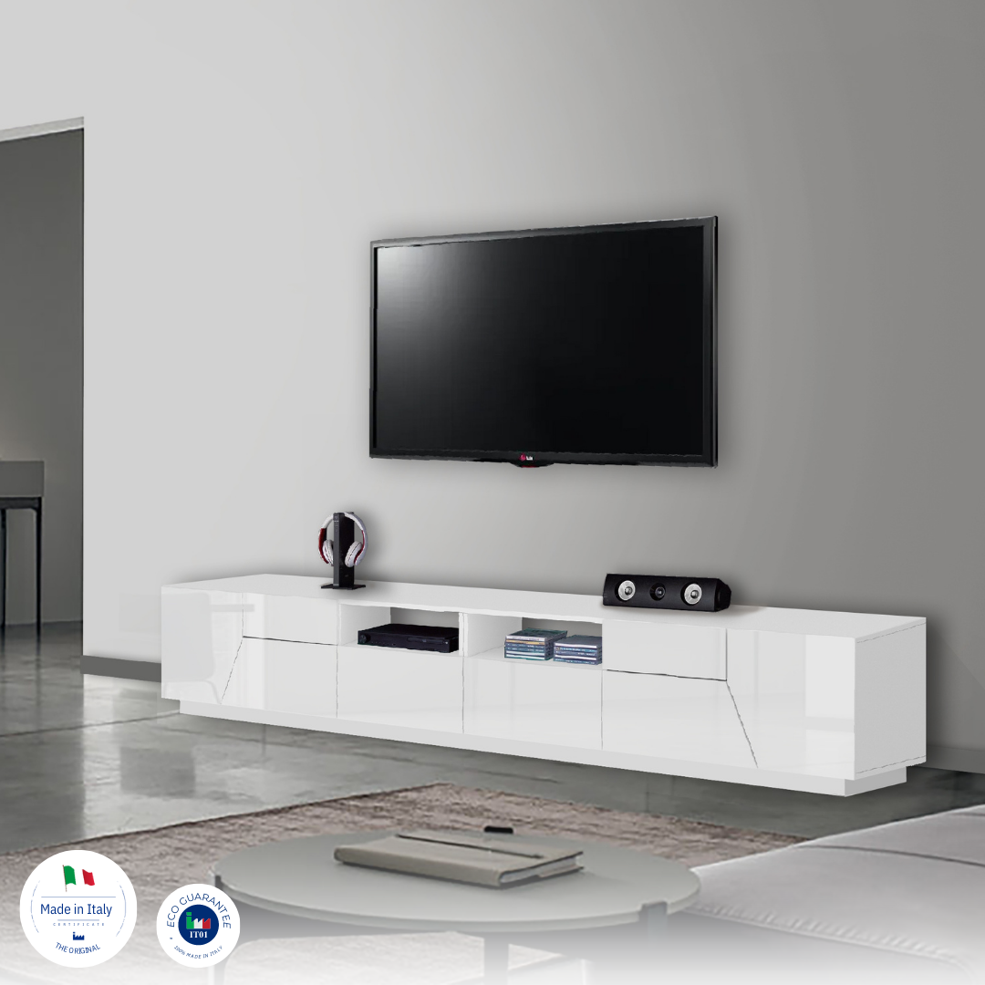 Innovativo Porta TV moderno Bianco lucido, Made in Italy 