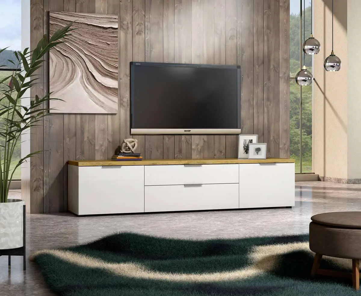 Mobile tv colore Bianco lucido con top Rovere, L.220 cm in offerta