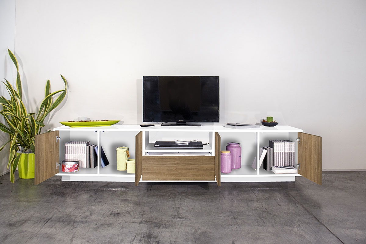 Moderno porta tv con cassetto centrale e quattro ante laterali, finitura bianco laccato lucido e noce caracalla