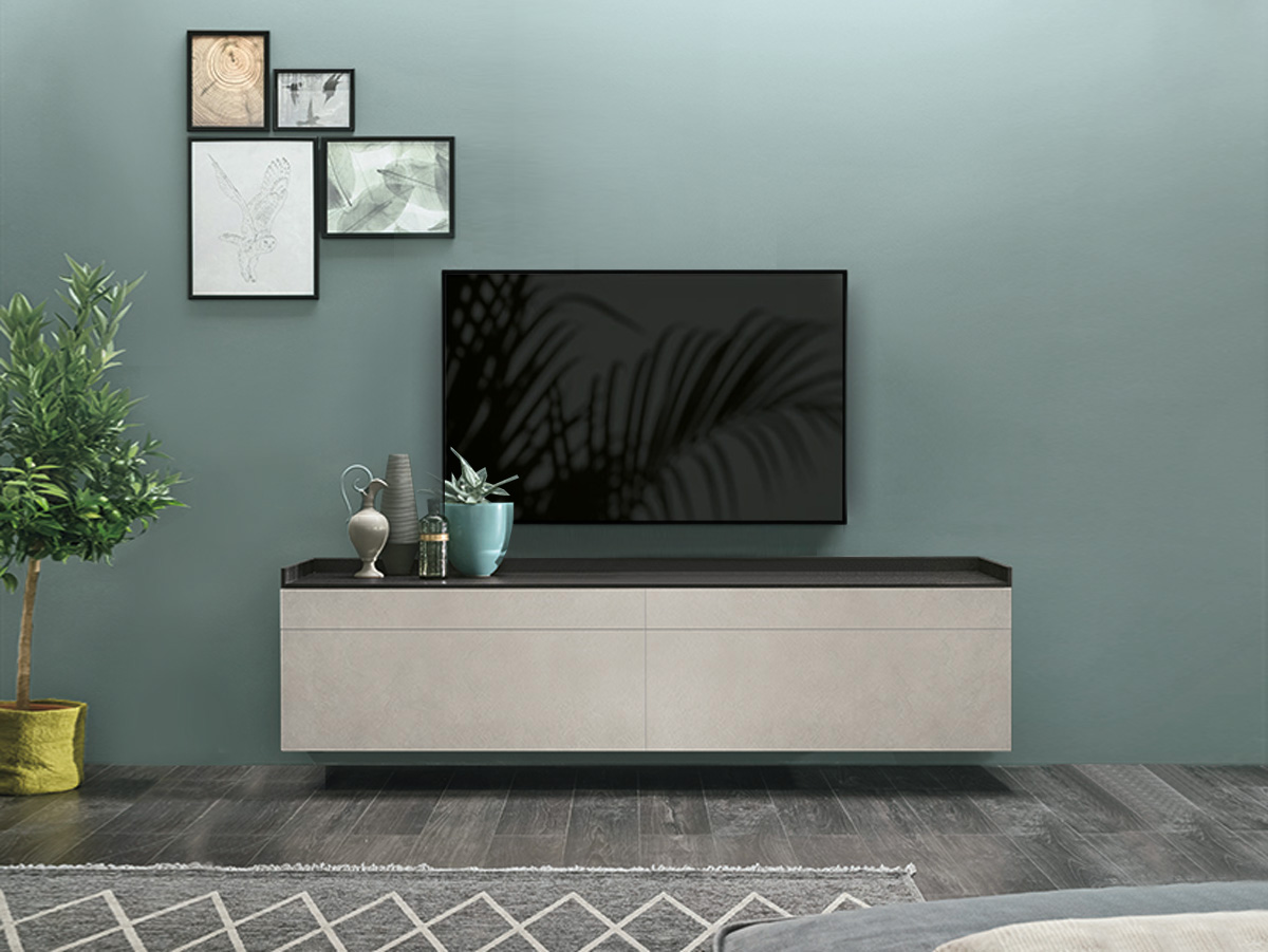 Mobile tv sospeso con cassetti, finitura Intreccio chiaro e Intreccio scuro