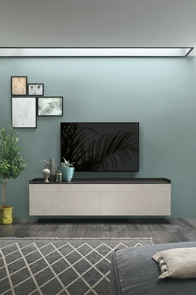 Mobile tv sospeso con cassetti, finitura Intreccio chiaro e Intreccio scuro