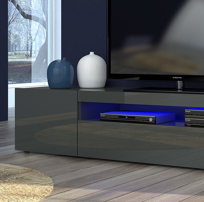 Base Porta TV moderna a 2 ante e 1 ribalta, finitura antracite lucido