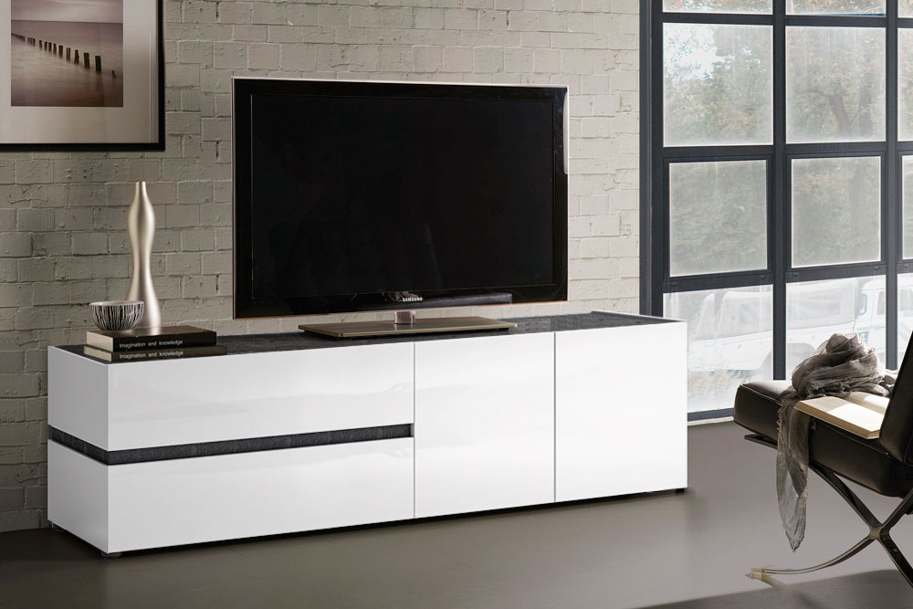 Porta tv  con cassetti e un'anta, finitura Bianco laccato lucido