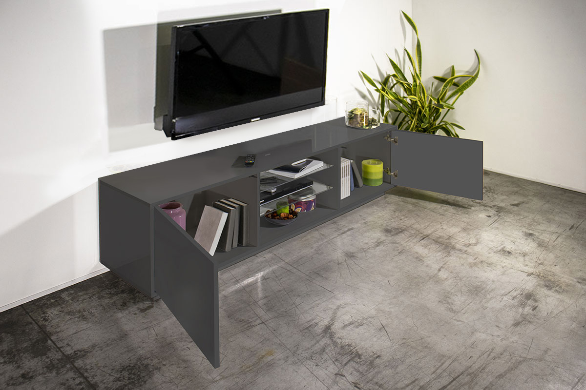 Porta tv di design in finitura laccato antracite con due ante e due mensole in vetro