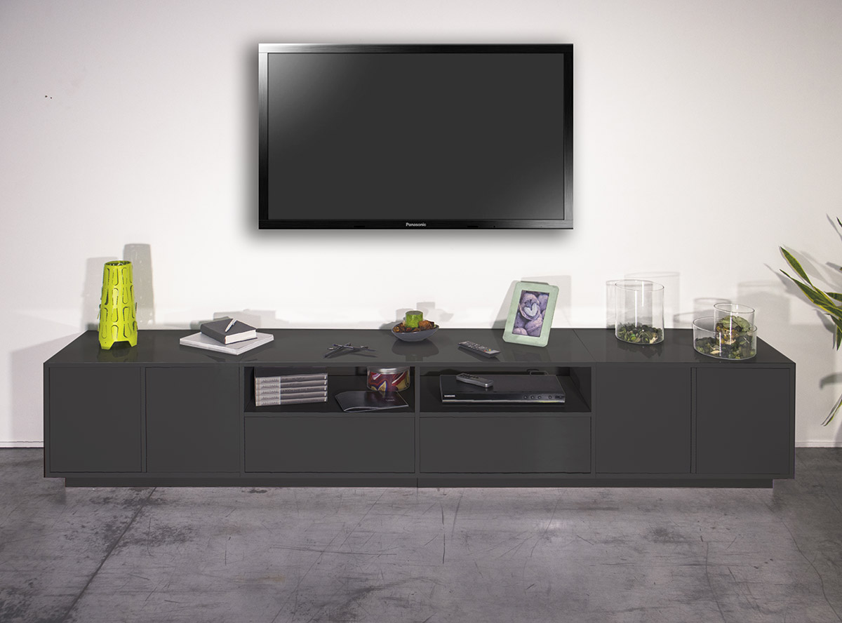 Moderno porta tv extra large in appoggio in finitura antracite laccato lucido