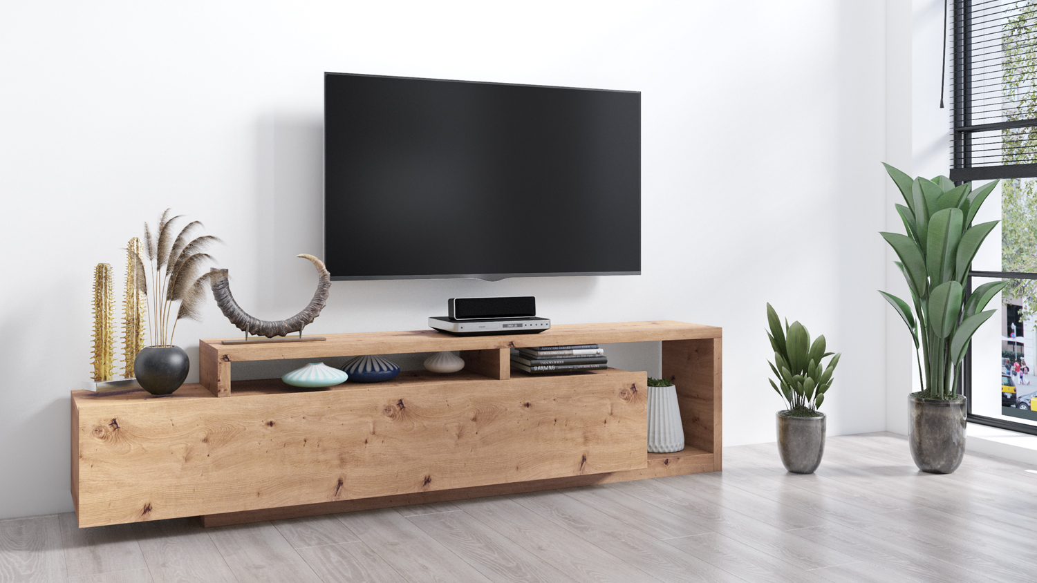 Porta TV  moderno L.219 con cassettone, colore rovere rustico