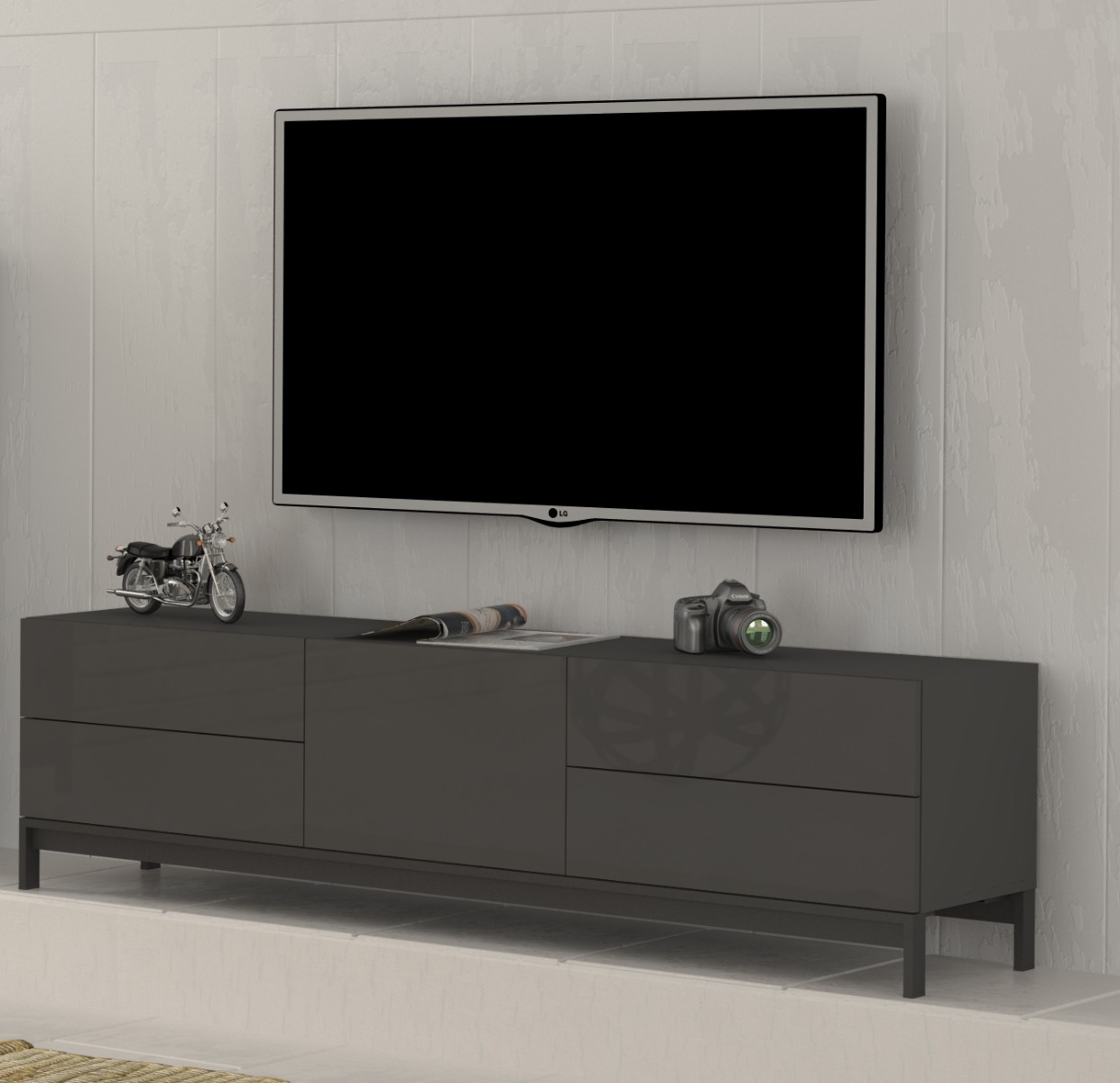 Porta TV di design, 4 cassetti 1 anta in finitura antracite lucido