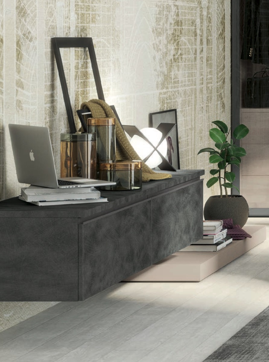 Porta tv sospeso con 2 ribalte, finitura Metal grey