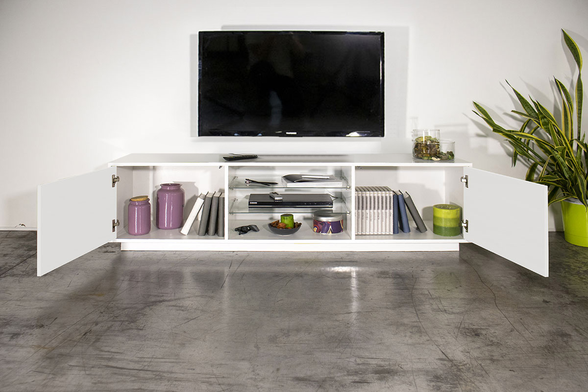 Porta tv moderno bianco laccato lucido con due mensole in vetro