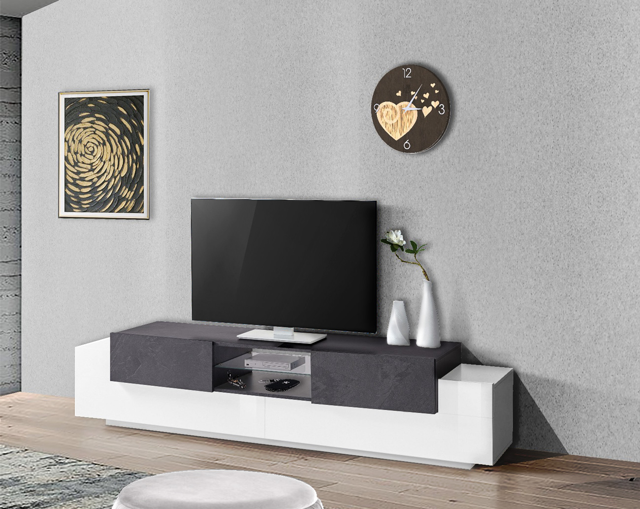 Offerta mobile porta tv bianco lucido e ardesia, 2 ante 2 ribalte