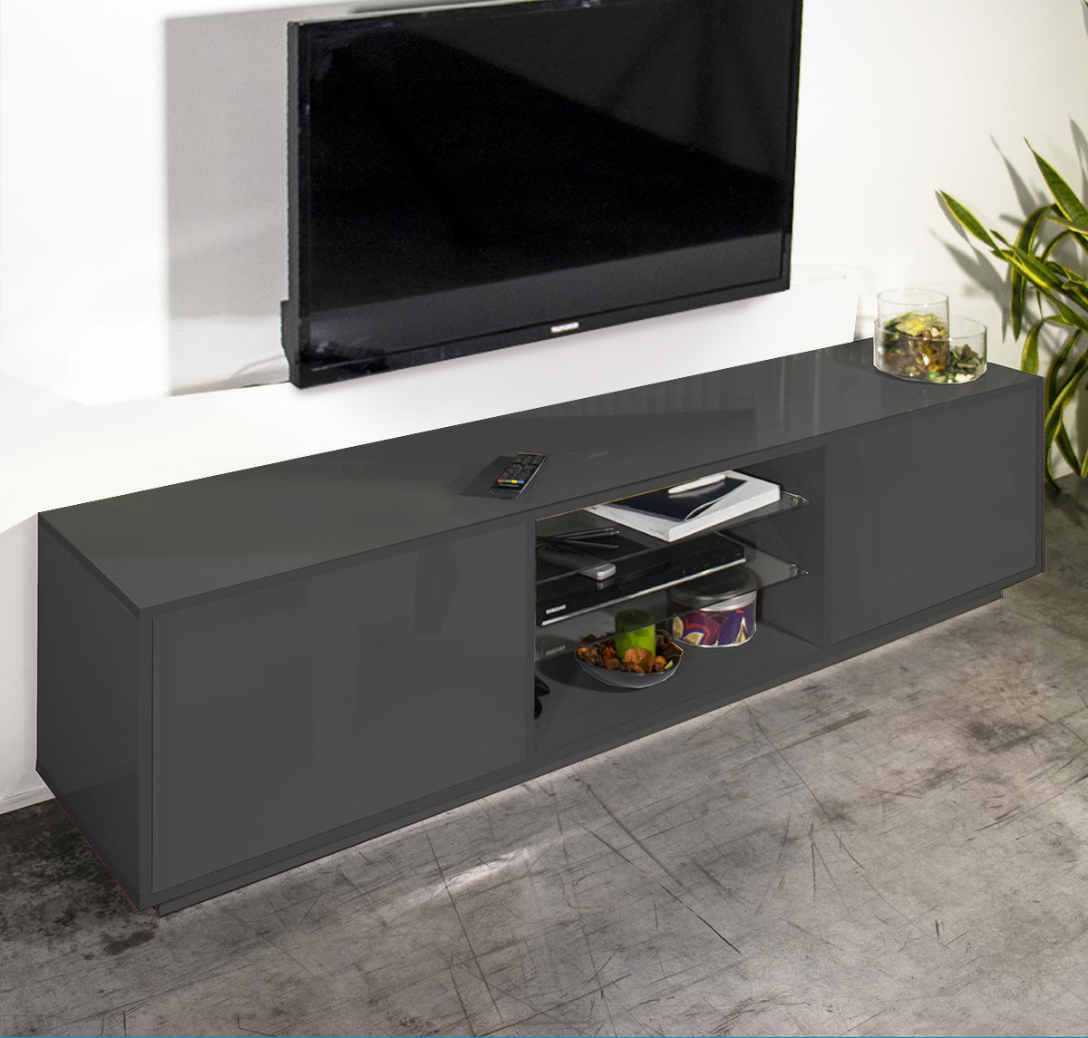 Porta tv di design in finitura laccato antracite con due ante e due mensole in vetro