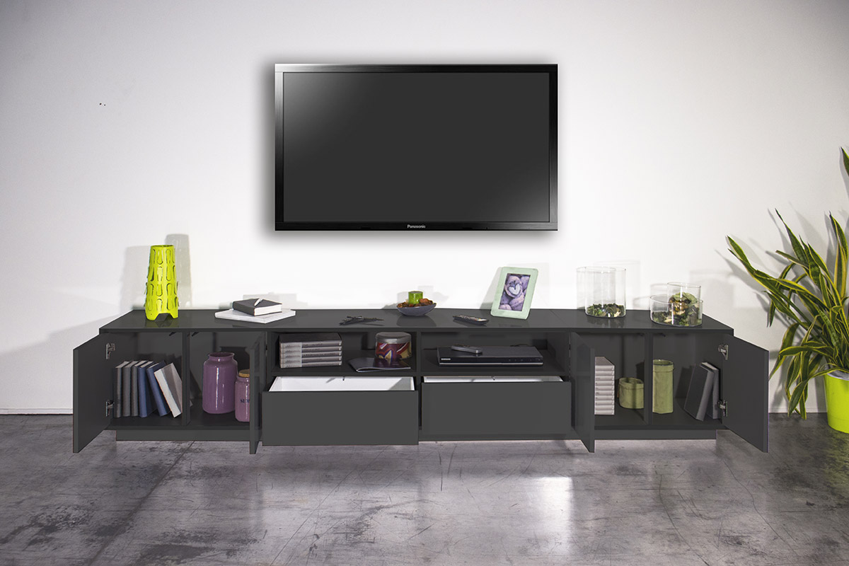 Moderno porta tv extra large in appoggio in finitura antracite laccato lucido