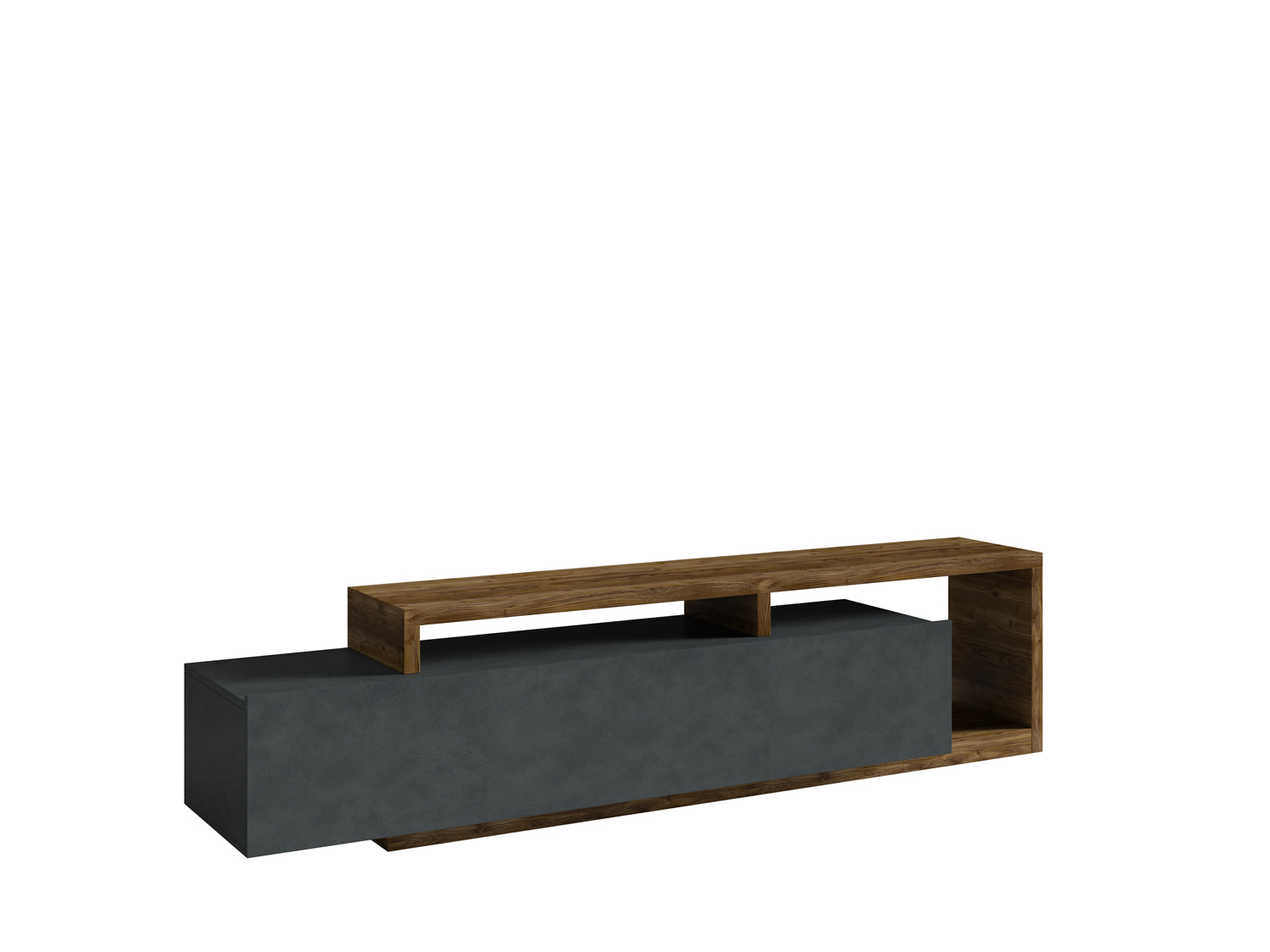 Porta TV con cassetto, finitura noce e antracite spatolato