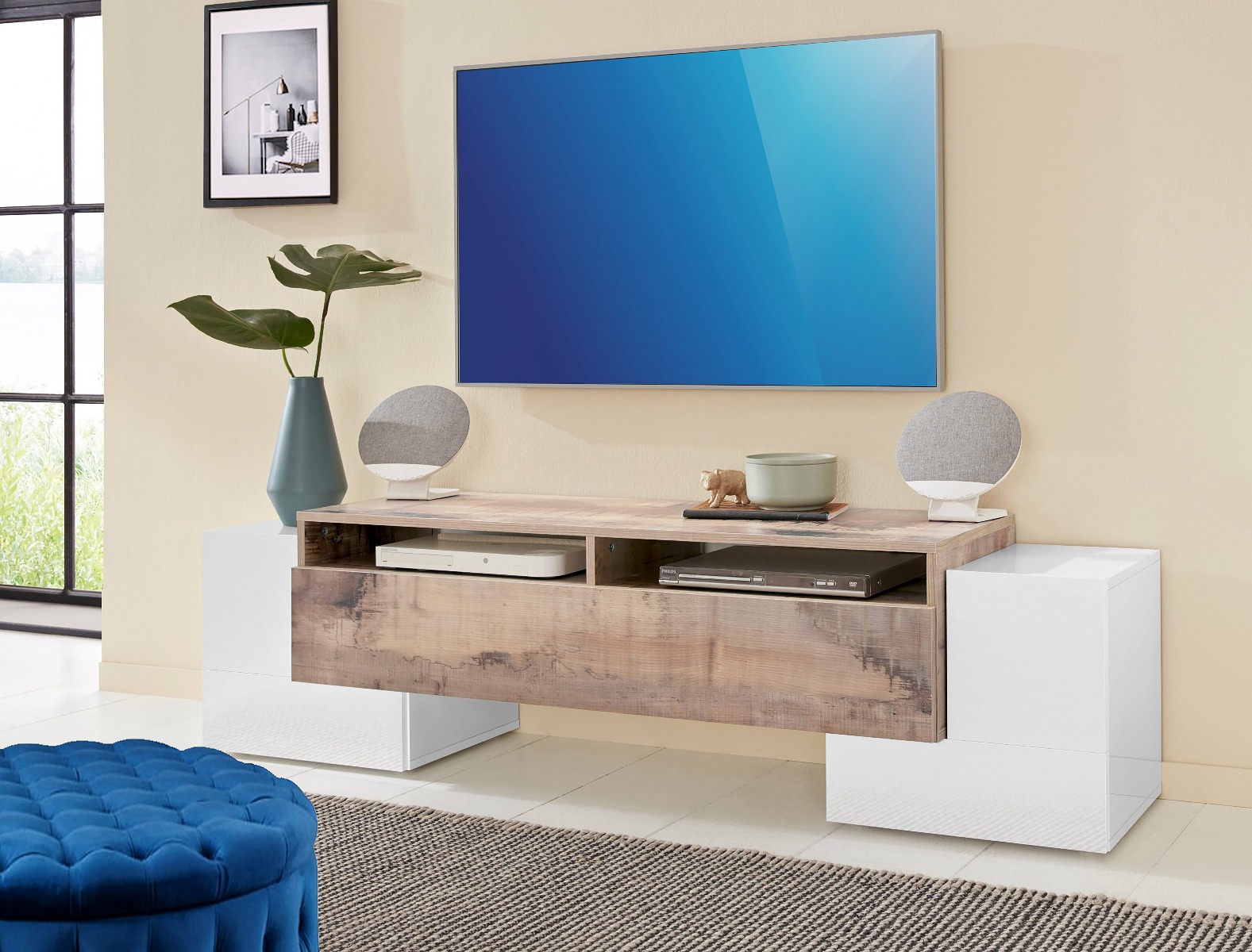 Porta tv particolare bianco lucido e pero con 2 ante e una ribalta