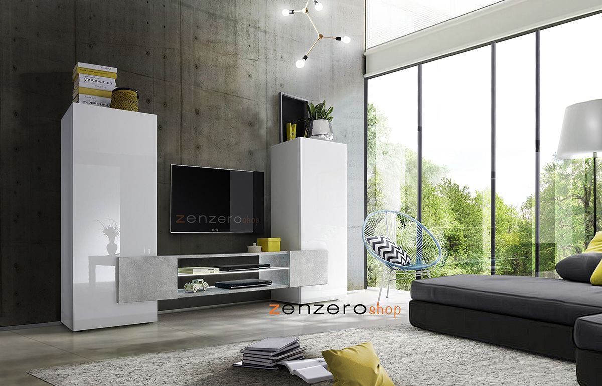 Mobile porta tv, soggiorno moderno Irene Bianco Lucido e Beton