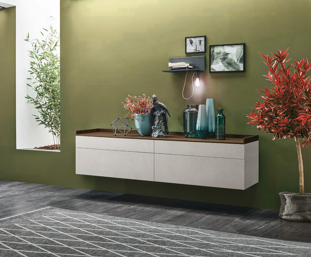 Madia sospesa con cassetti, finitura Intreccio chiaro e Rovere termocotto