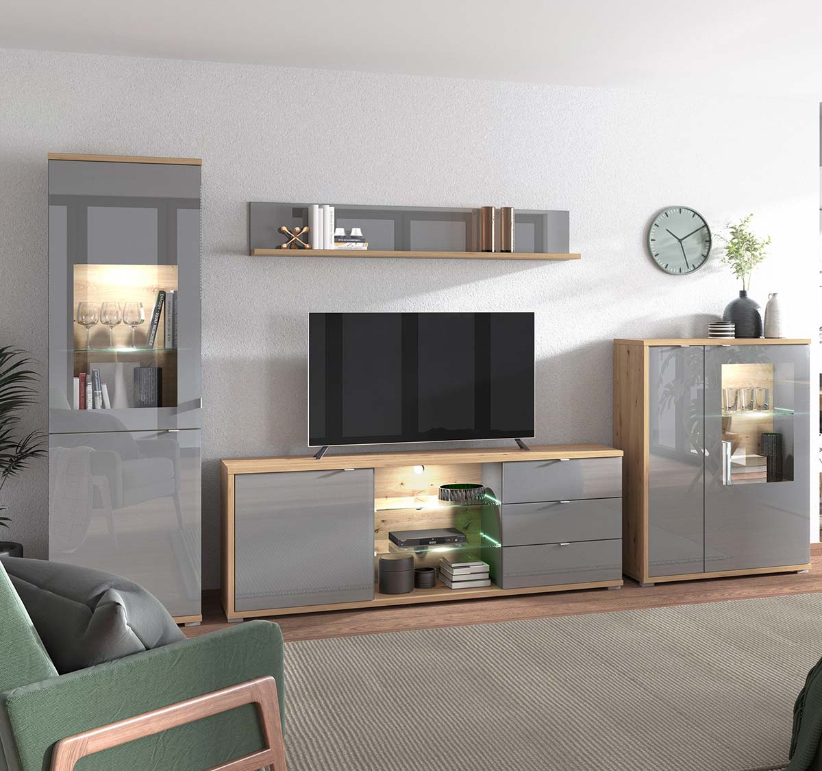 Mobile tv con cassetti, due ripiani 1 anta, finitura Rovere e vetro Grigio