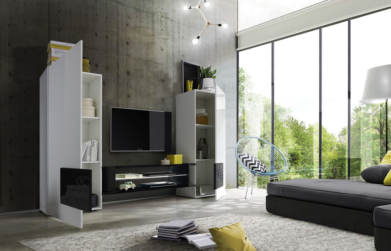 Mobile Tv alto, bianco lucido e nero, mod. Irene, scontatissimo