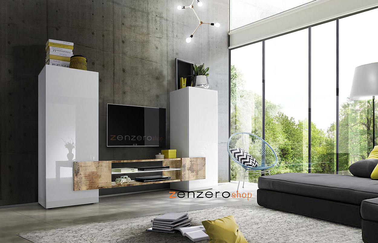 Mobile porta tv, soggiorno Irene Bianco Lucido e Pero