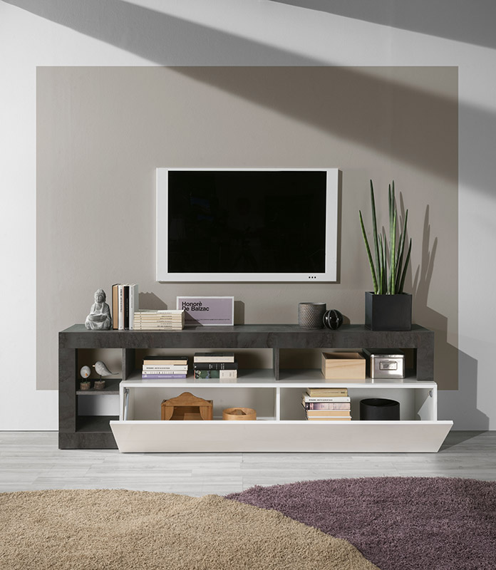 Soggiorno moderno composto da porta tv e madia a 4 ante in finitura bianco e ossido