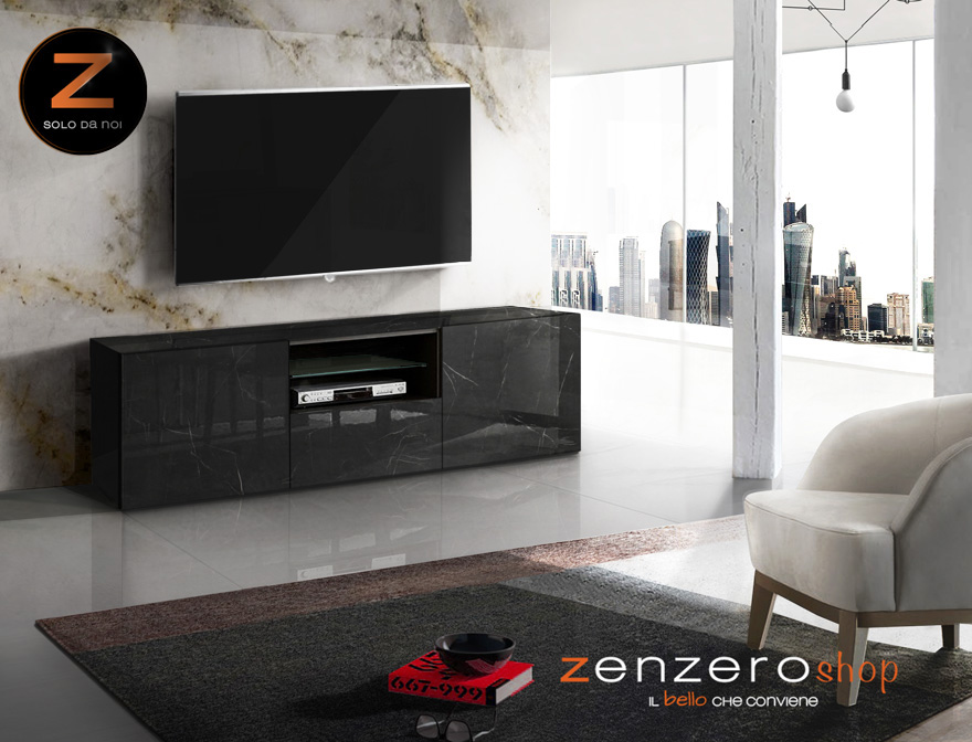 Soggiorno moderno Marmo Lucido Nero di Lusso con Porta TV, Madia e Vetrina