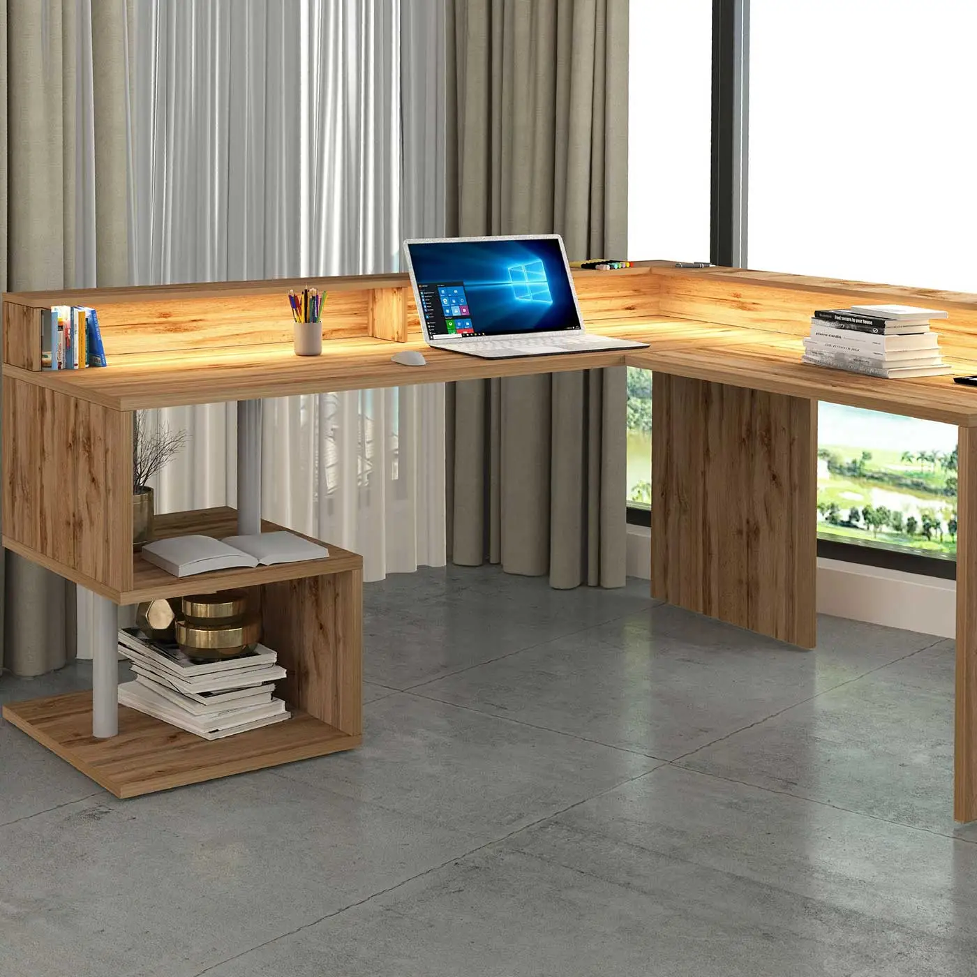 Scrivania angolare 2 vani portaoggetti, 180/160x90x60 h cm, Rovere Wotan