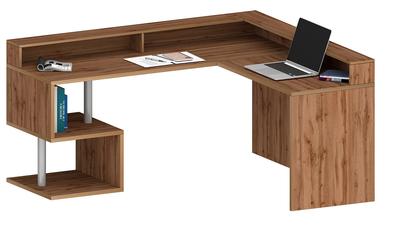 Scrivania angolare 2 vani portaoggetti, 180/160x90x60 h cm, Rovere Wotan