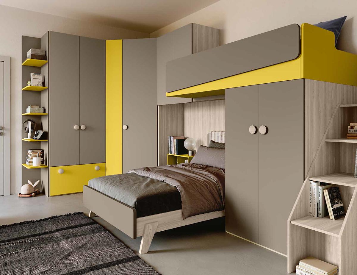 Cameretta a soppalco con armadio angolare, finitura Giallo cedro, Olmo natura, Visone