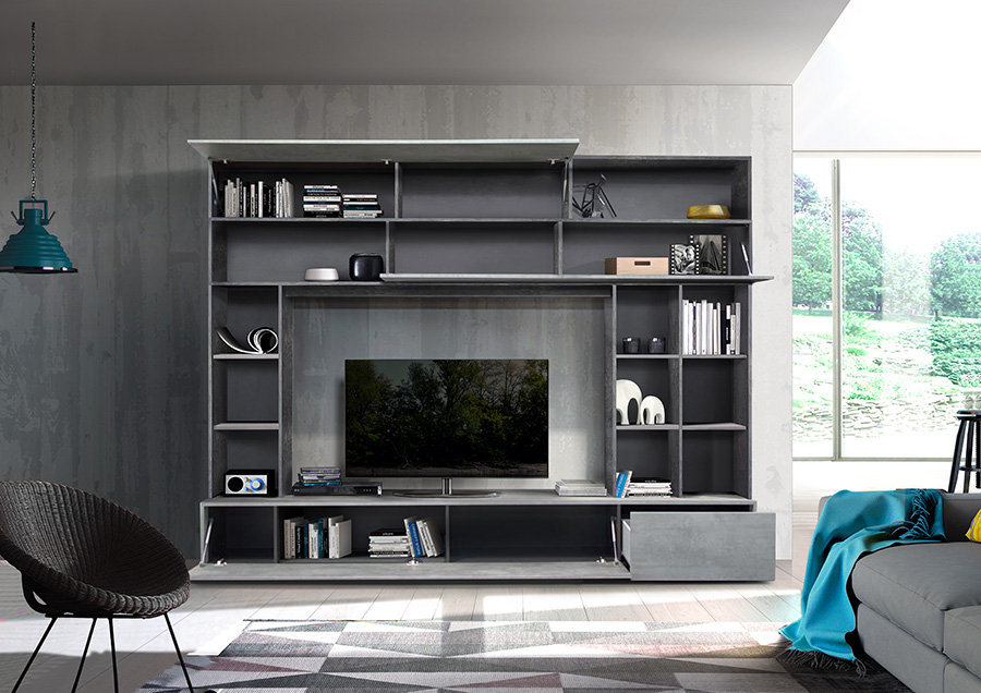 Soggiorno Zenzero, parete attrezzata moderna in finitura Ossido, Beton e Grigio