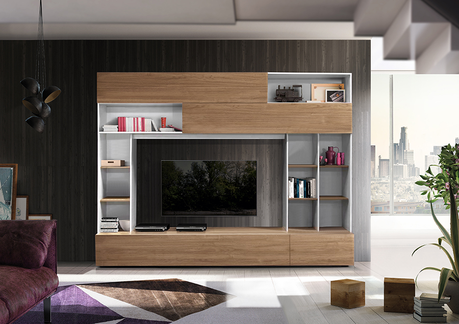 Elegante Soggiorno Zenzero, parete attrezzata moderna con libreria, 2 ribalte e vasistas, finitura Bianca e Noce