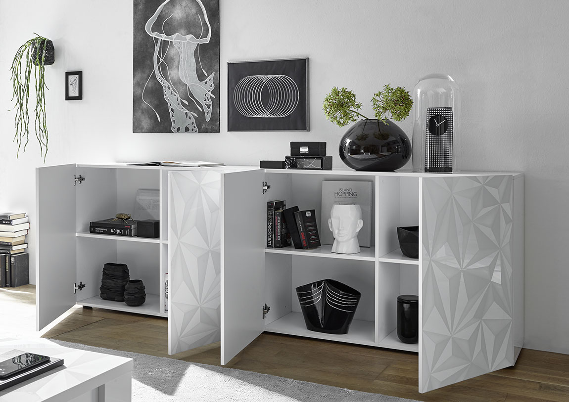 Madia moderna 4 ante, bianca laccata lucida con serigrafia prismatica