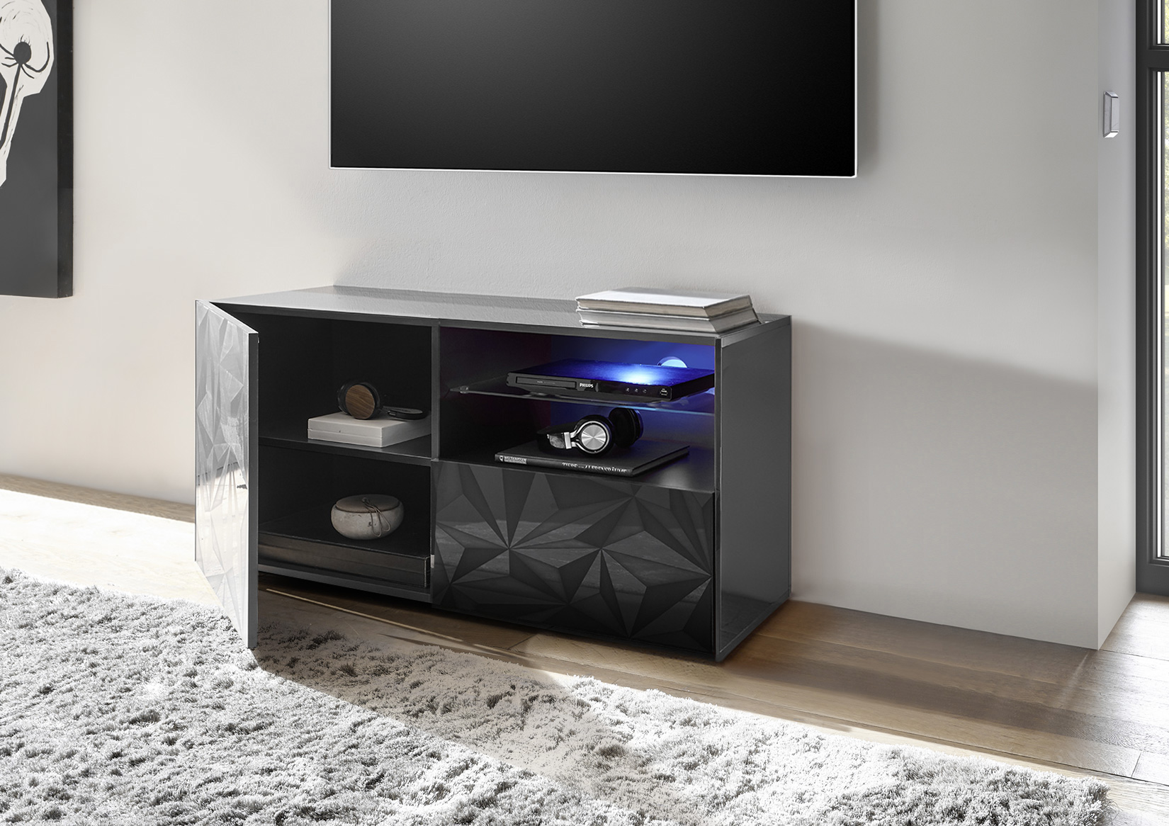Base porta TV, 1 ante 1 cassetto, grigio laccato lucido con serigrafia prismatica